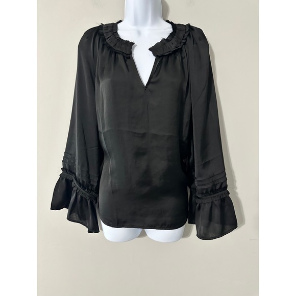 Vince Camuto Tops - Vince Camuto Elegant Mix‎ Rich Black Ruffle V Neck Long Sleeve Blouse Top M